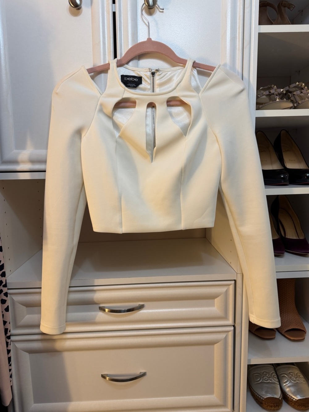 bebe Ivory Long-Sleeve Cutout Crop Top